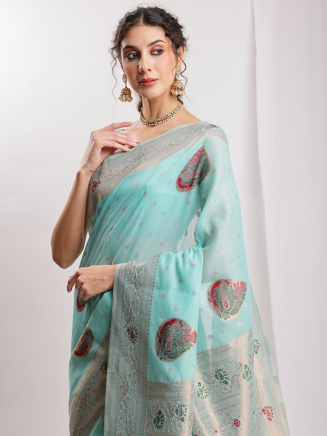 Janasya Sea Blue Linen Blend Kalamkari Jacquard Saree | Grocsy