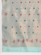 Janasya Sea Blue Linen Blend Kalamkari Jacquard Saree | Grocsy