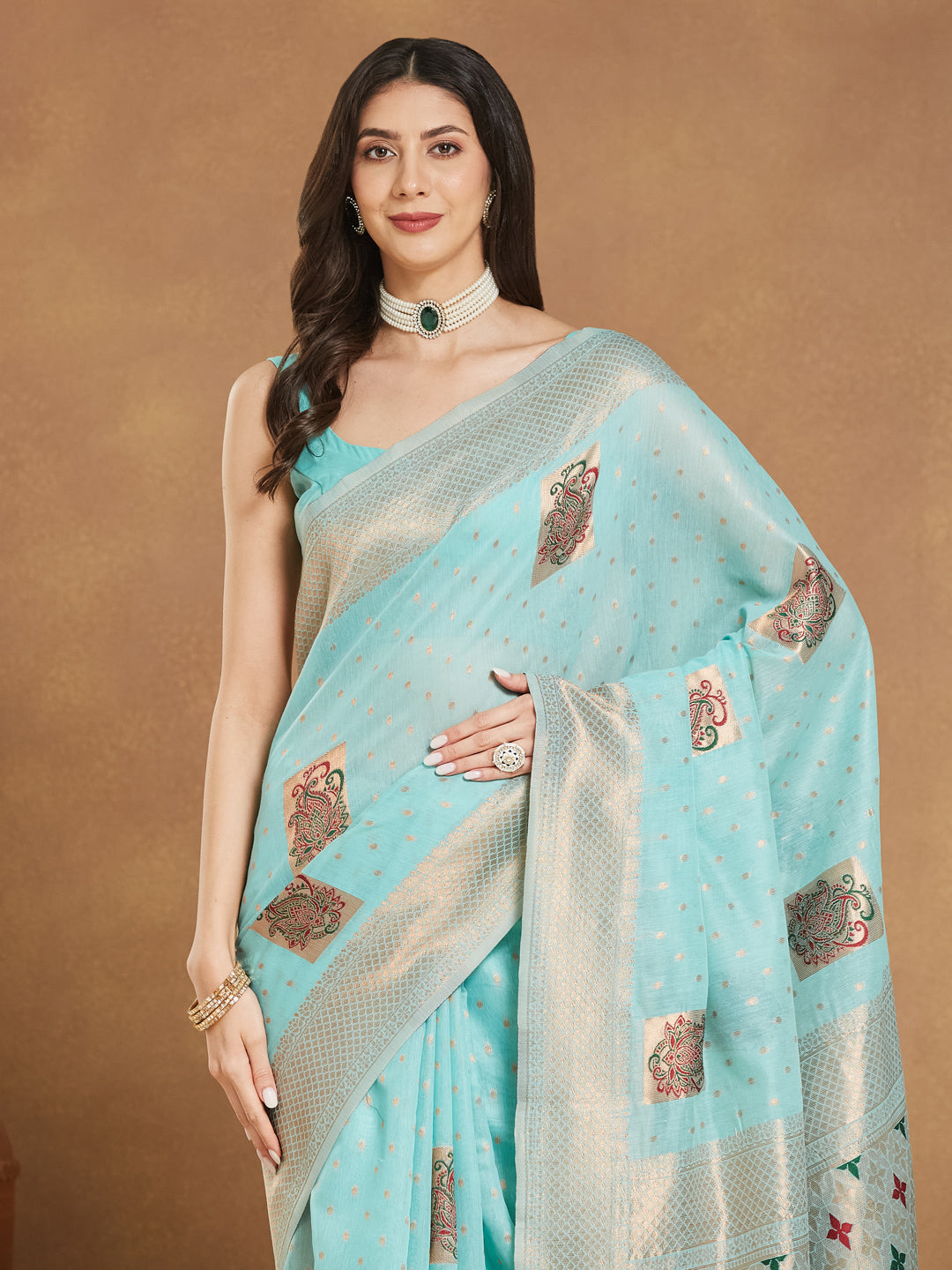 Janasya Sea Green Linen Blend Ethnic Motifs Jacquard Saree | Grocsy