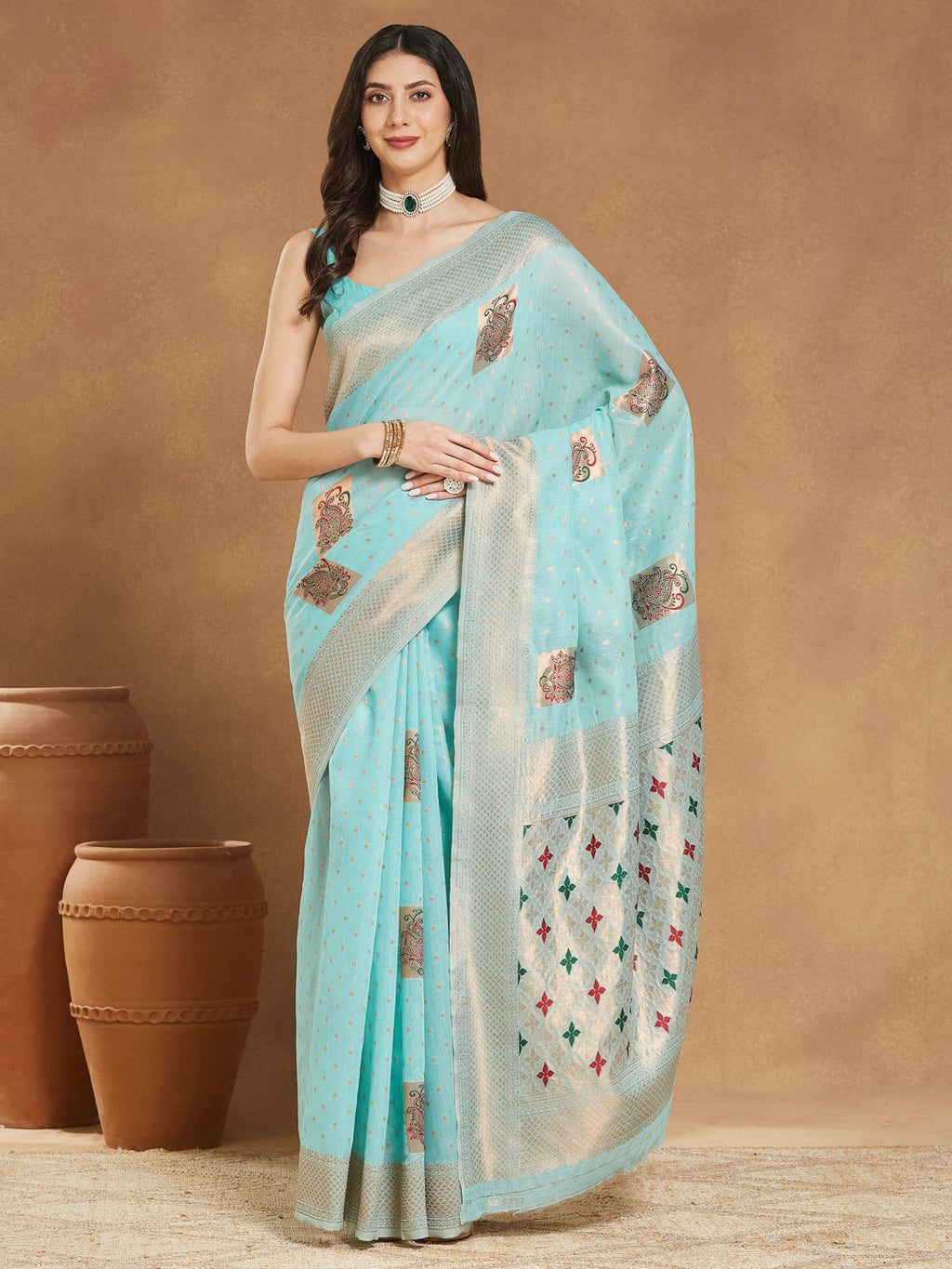 Janasya Sea Green Linen Blend Ethnic Motifs Jacquard Saree | Grocsy