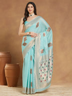 Janasya Sea Green Linen Blend Ethnic Motifs Jacquard Saree | Grocsy