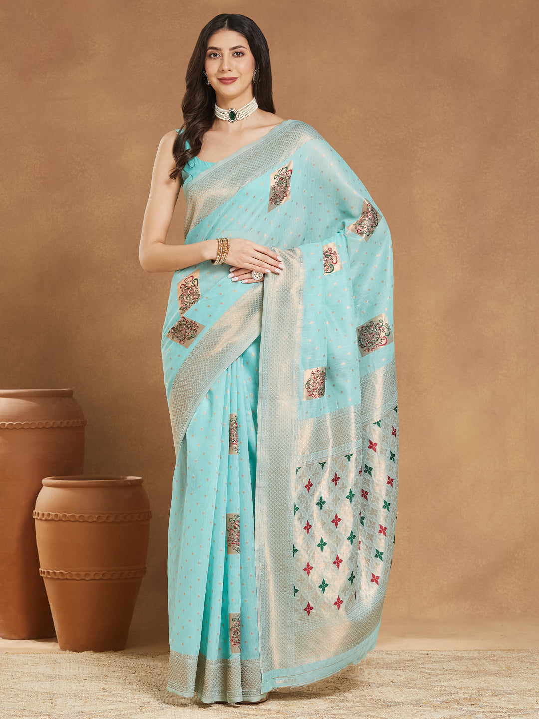 Janasya Sea Green Linen Blend Ethnic Motifs Jacquard Saree | Grocsy
