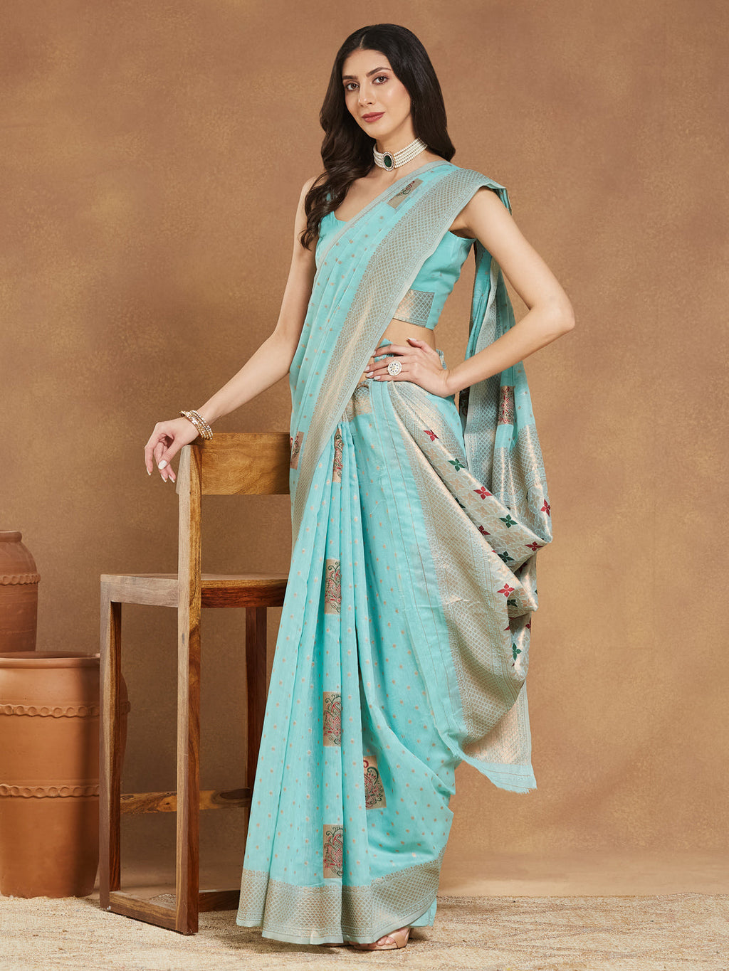 Janasya Sea Green Linen Blend Ethnic Motifs Jacquard Saree | Grocsy