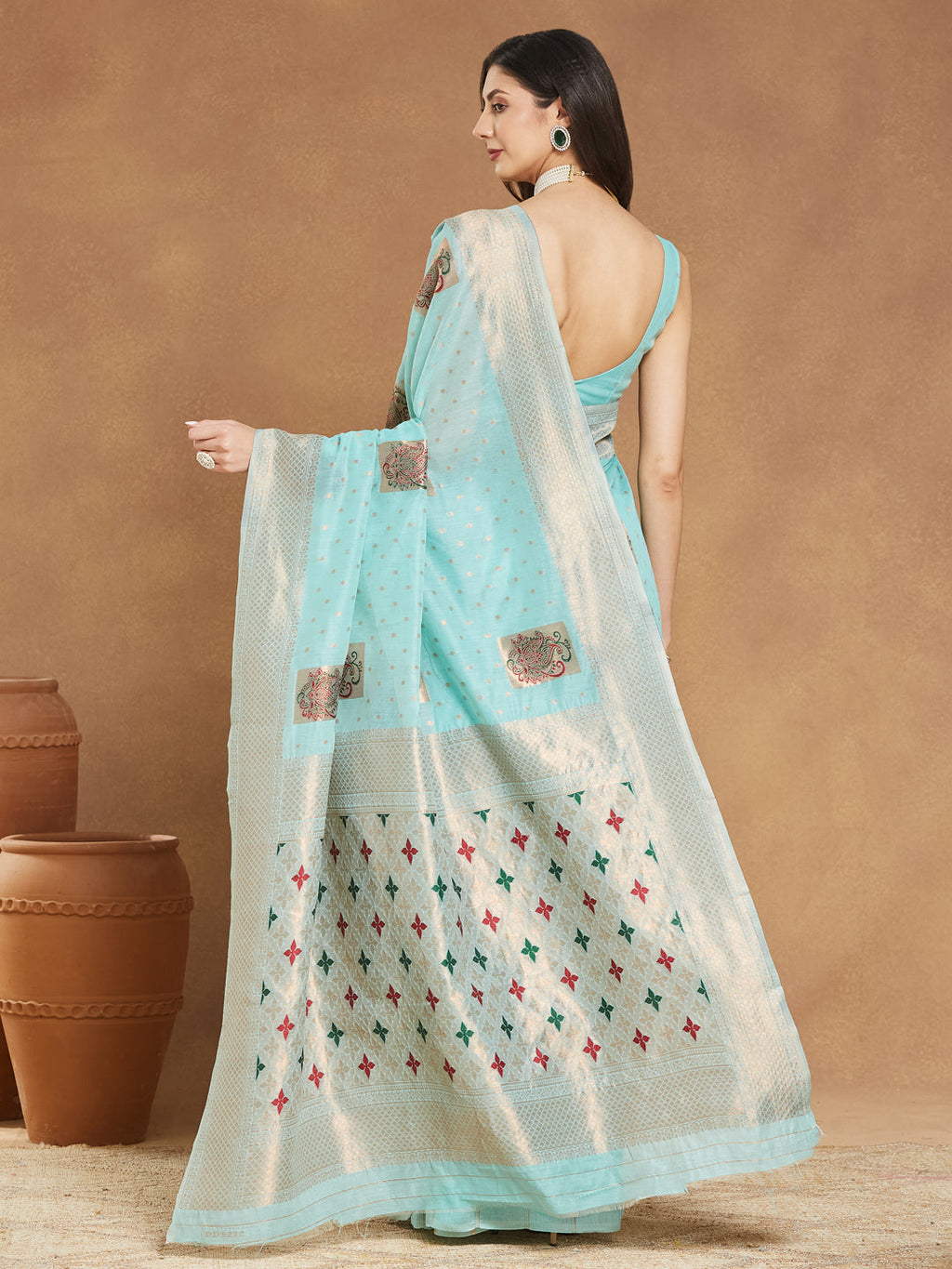 Janasya Sea Green Linen Blend Ethnic Motifs Jacquard Saree | Grocsy