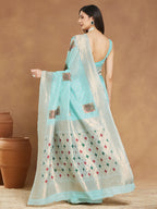 Janasya Sea Green Linen Blend Ethnic Motifs Jacquard Saree | Grocsy