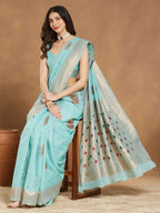 Janasya Sea Green Linen Blend Ethnic Motifs Jacquard Saree | Grocsy