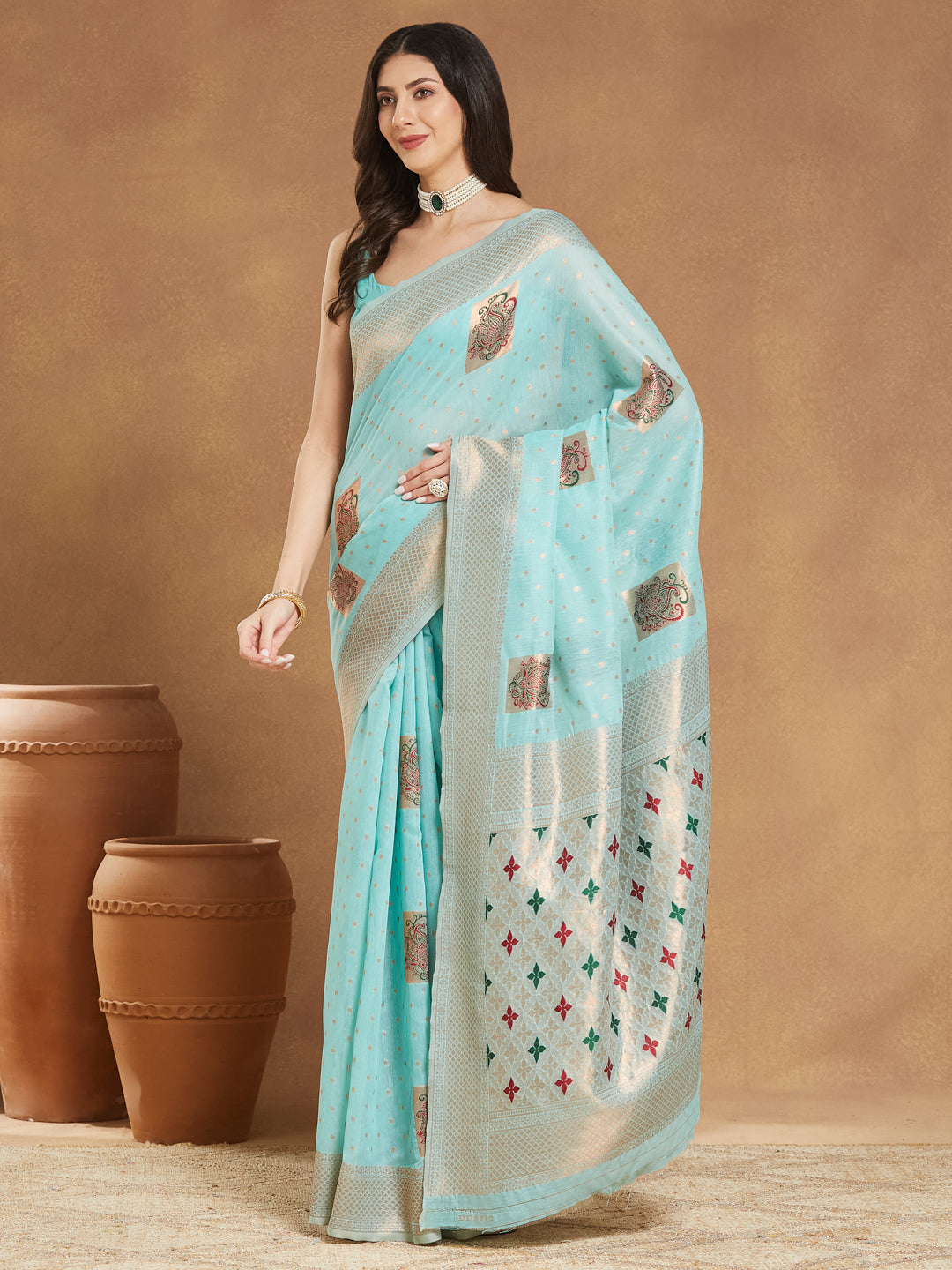 Janasya Sea Green Linen Blend Ethnic Motifs Jacquard Saree | Grocsy
