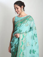 Janasya Sea Green Linen Blend Floral Jacquard Saree | Grocsy