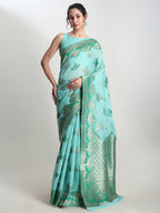 Janasya Sea Green Linen Blend Floral Jacquard Saree | Grocsy
