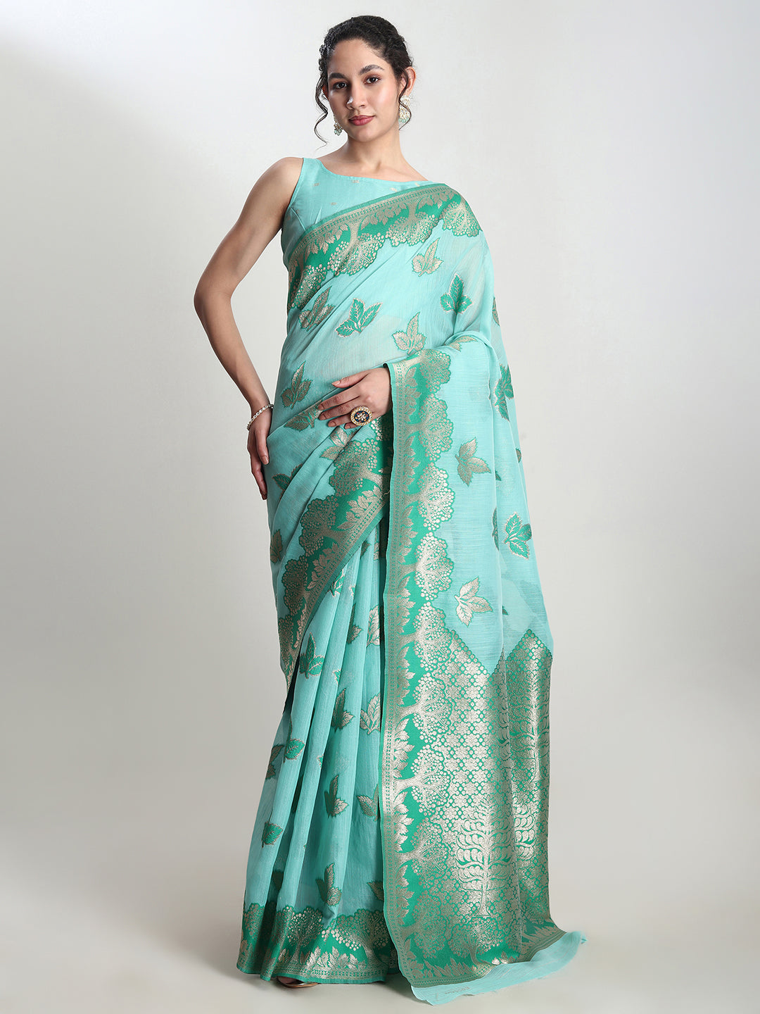 Janasya Sea Green Linen Blend Floral Jacquard Saree | Grocsy