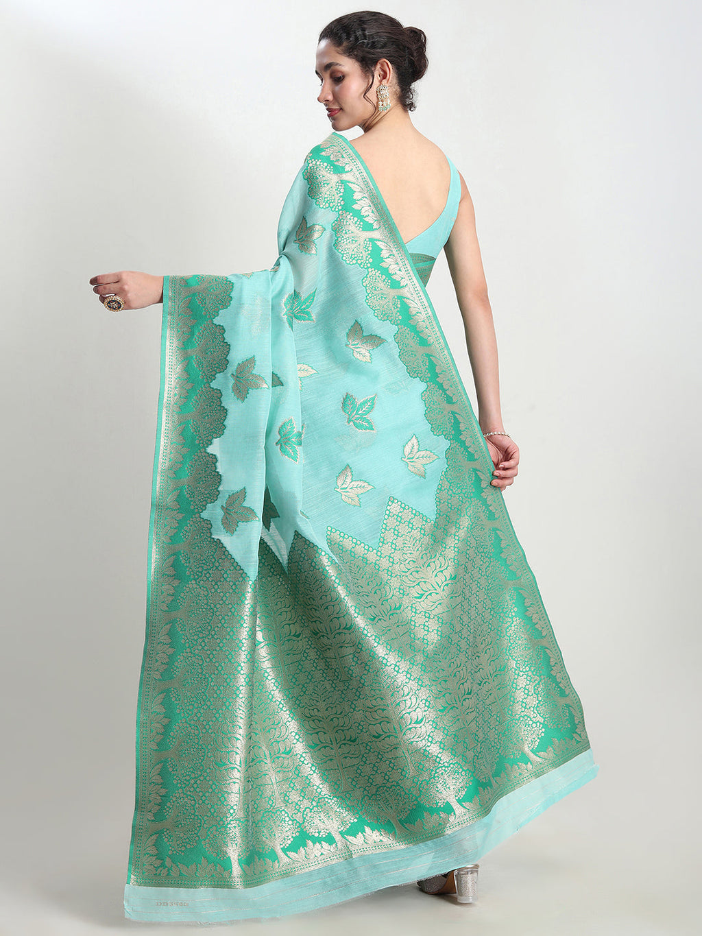 Janasya Sea Green Linen Blend Floral Jacquard Saree | Grocsy