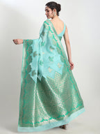Janasya Sea Green Linen Blend Floral Jacquard Saree | Grocsy