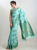 Janasya Sea Green Linen Blend Floral Jacquard Saree | Grocsy