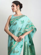 Janasya Sea Green Linen Blend Floral Jacquard Saree | Grocsy