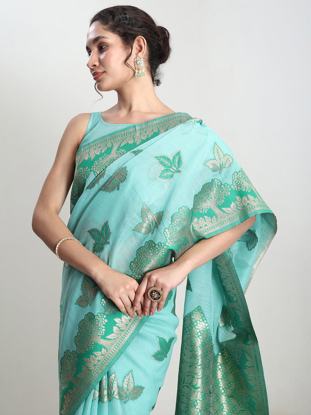 Janasya Sea Green Linen Blend Floral Jacquard Saree | Grocsy