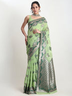 Janasya Light Green Linen Blend Floral Jacquard Saree | Grocsy