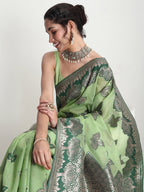 Janasya Light Green Linen Blend Floral Jacquard Saree | Grocsy