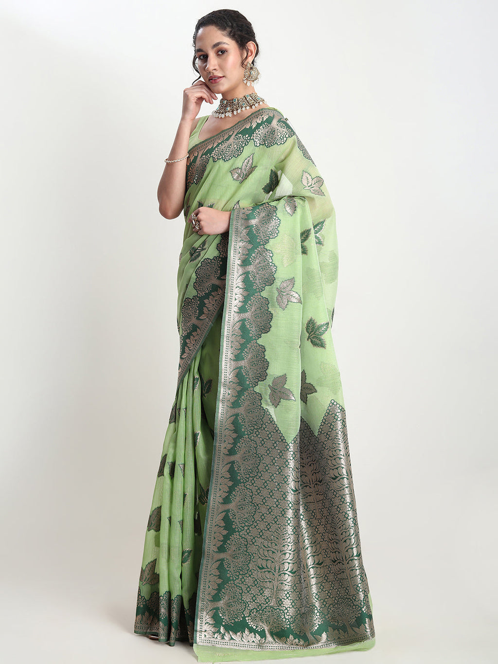 Janasya Light Green Linen Blend Floral Jacquard Saree | Grocsy
