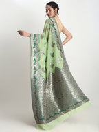 Janasya Light Green Linen Blend Floral Jacquard Saree | Grocsy