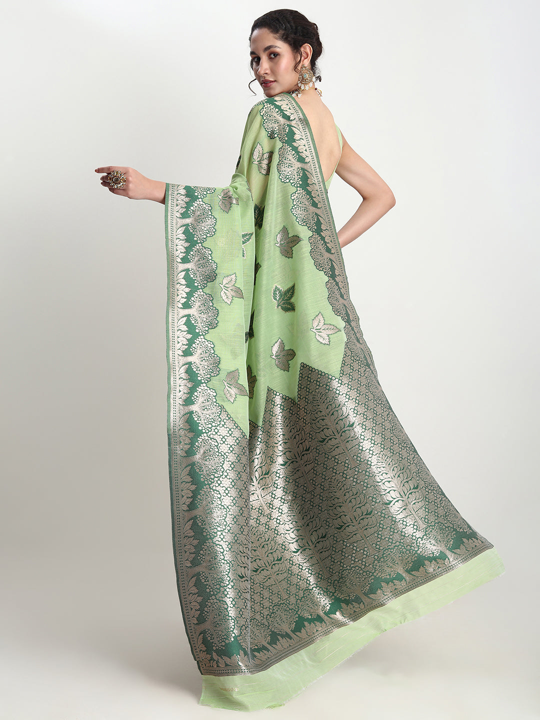 Janasya Light Green Linen Blend Floral Jacquard Saree | Grocsy