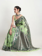 Janasya Light Green Linen Blend Floral Jacquard Saree | Grocsy