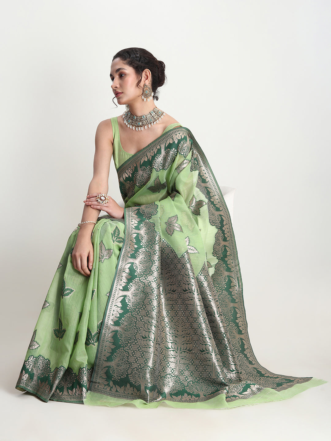 Janasya Light Green Linen Blend Floral Jacquard Saree | Grocsy