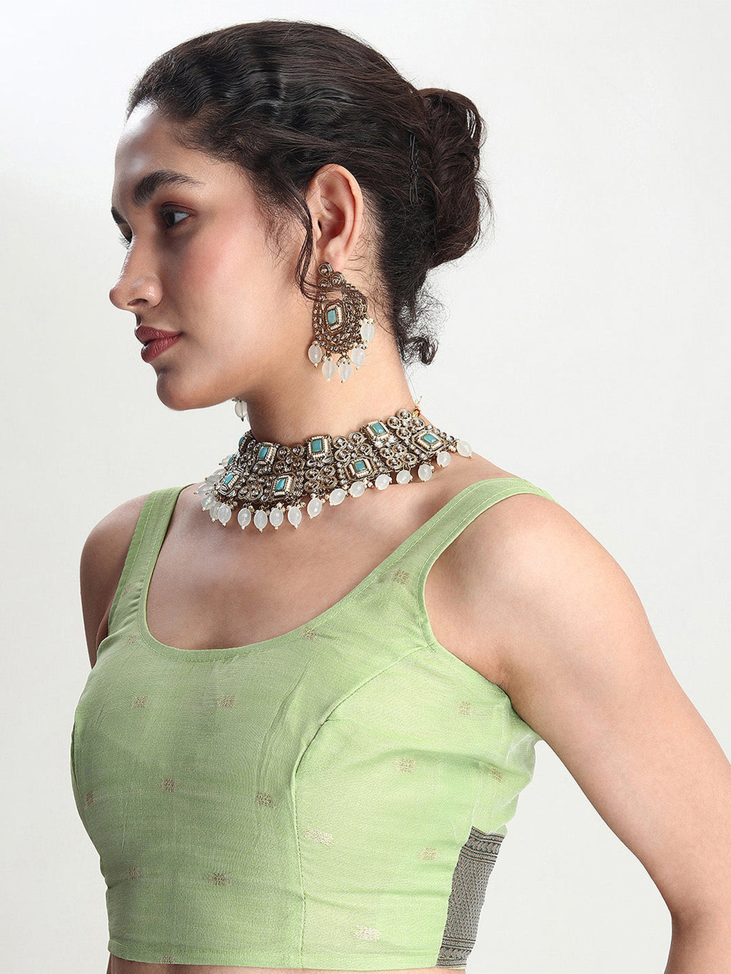 Janasya Light Green Linen Blend Floral Jacquard Saree | Grocsy