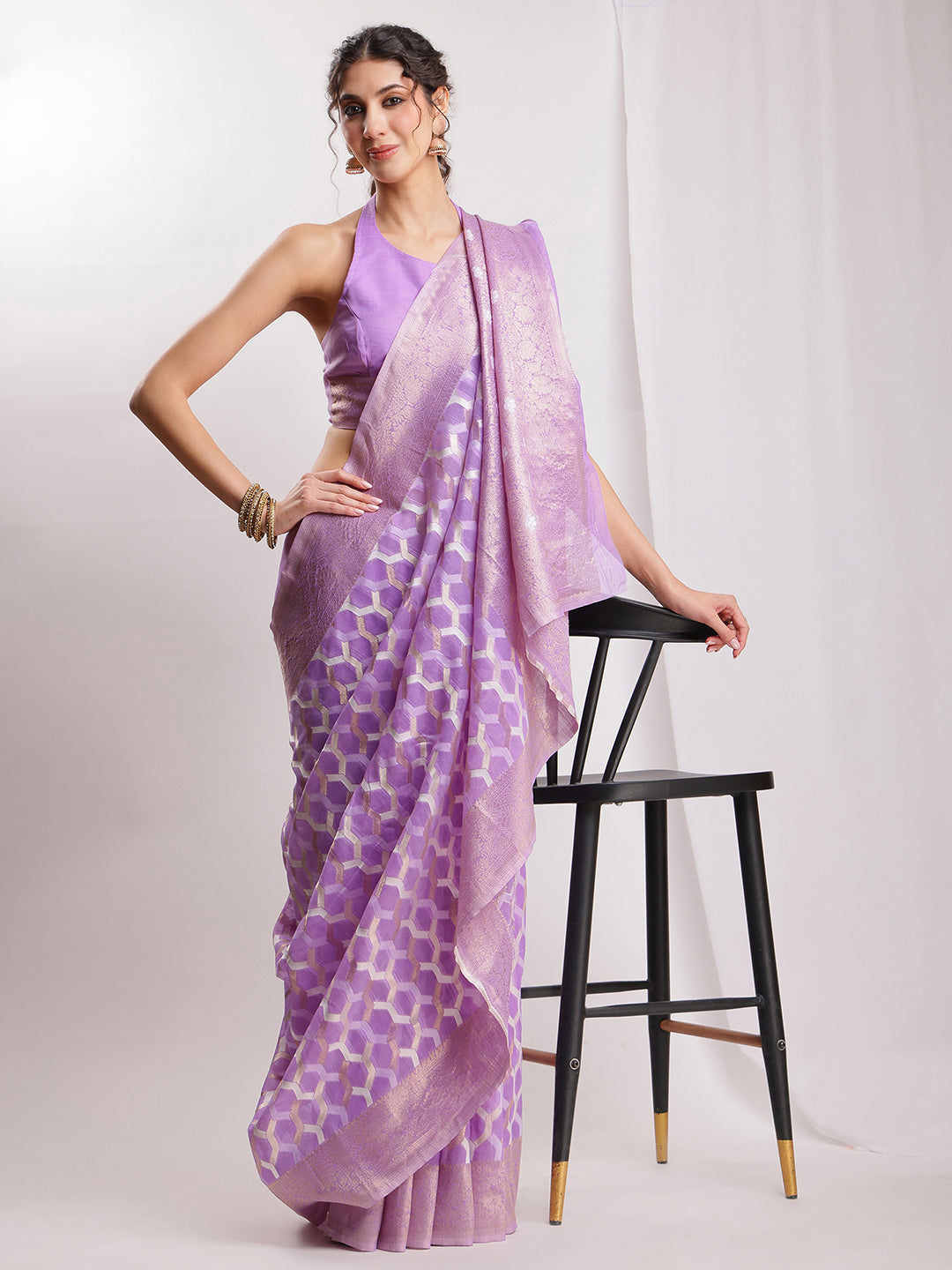 Janasya Lavender Linen Blend Geometric Jacquard Saree | Grocsy