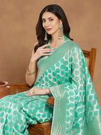 Janasya Sea Green Linen Blend Geometric Jacquard Saree | Grocsy