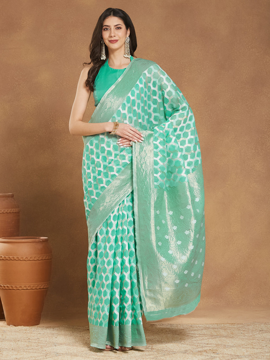 Janasya Sea Green Linen Blend Geometric Jacquard Saree | Grocsy