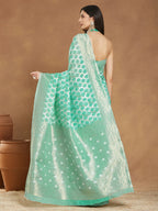 Janasya Sea Green Linen Blend Geometric Jacquard Saree | Grocsy