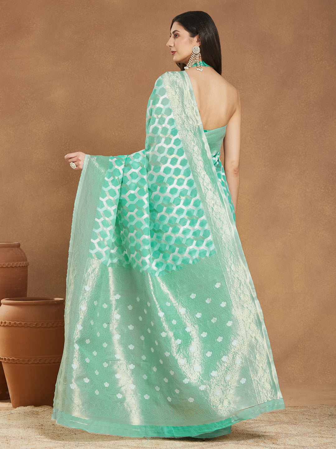 Janasya Sea Green Linen Blend Geometric Jacquard Saree | Grocsy