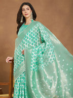 Janasya Sea Green Linen Blend Geometric Jacquard Saree | Grocsy