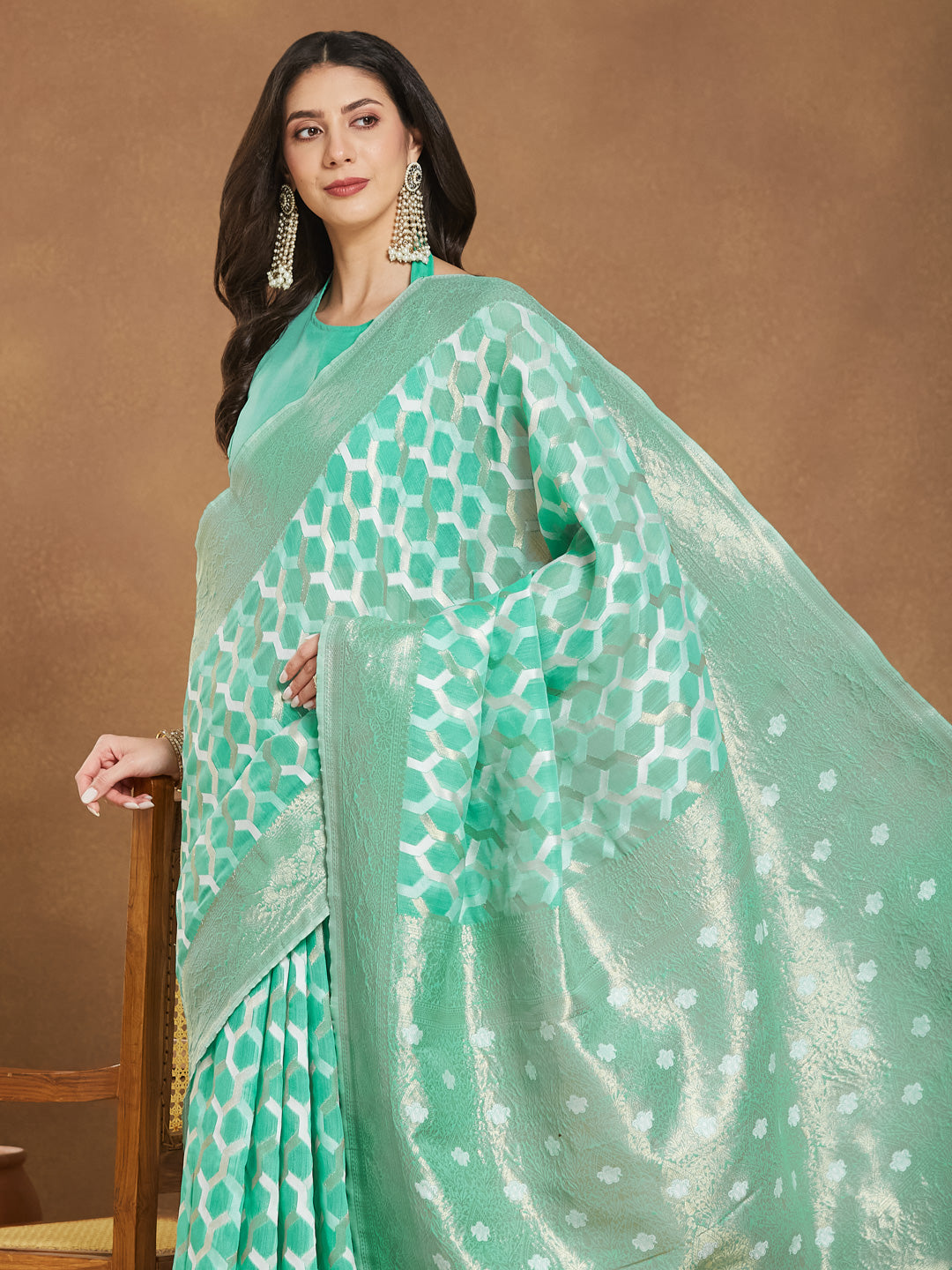 Janasya Sea Green Linen Blend Geometric Jacquard Saree | Grocsy