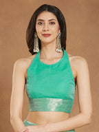Janasya Sea Green Linen Blend Geometric Jacquard Saree | Grocsy