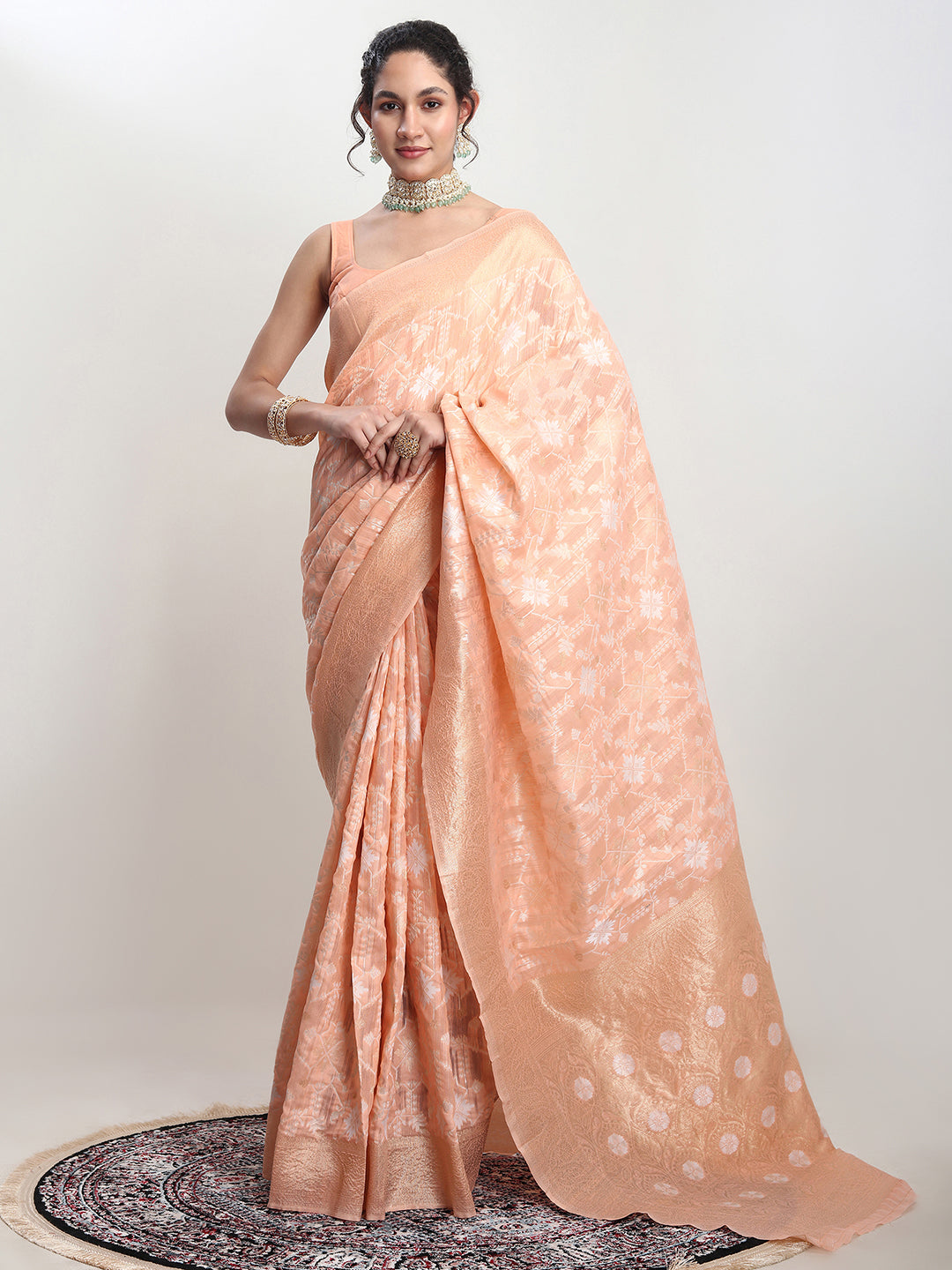 Janasya Orange Linen Blend Geometric Jacquard Saree | Grocsy