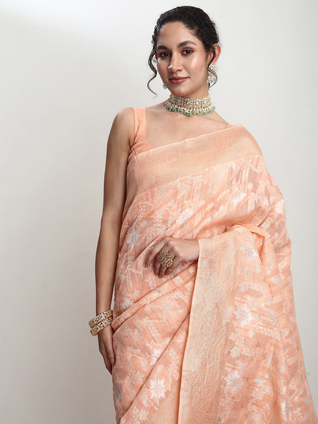 Janasya Orange Linen Blend Geometric Jacquard Saree | Grocsy