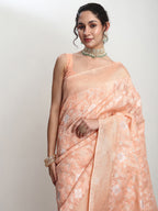 Janasya Orange Linen Blend Geometric Jacquard Saree | Grocsy