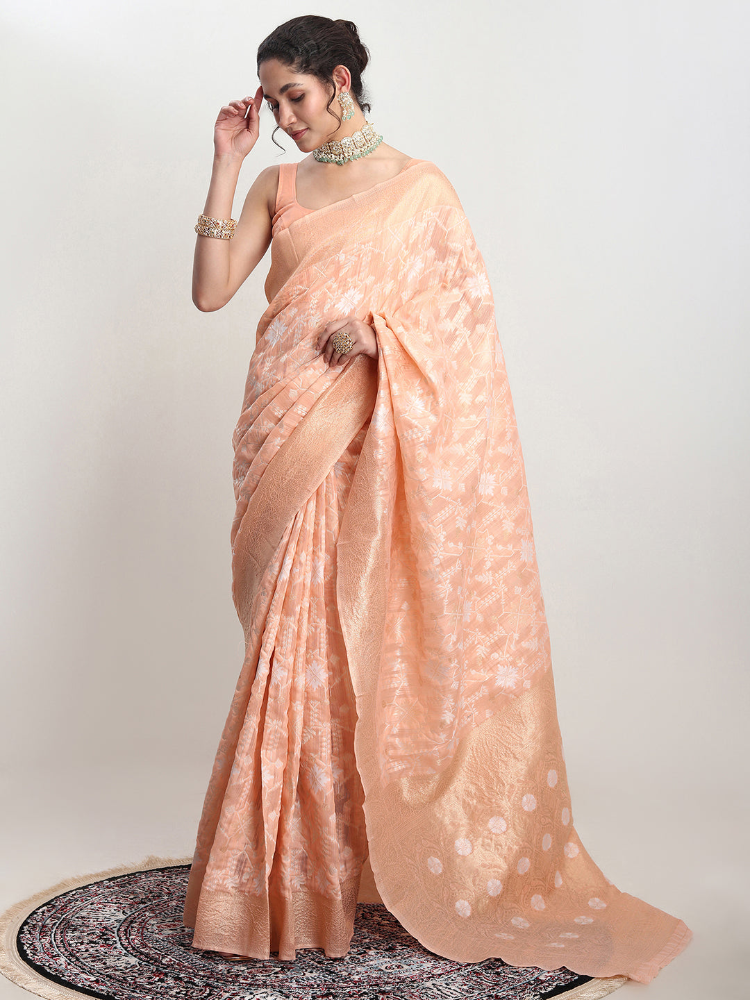 Janasya Orange Linen Blend Geometric Jacquard Saree | Grocsy