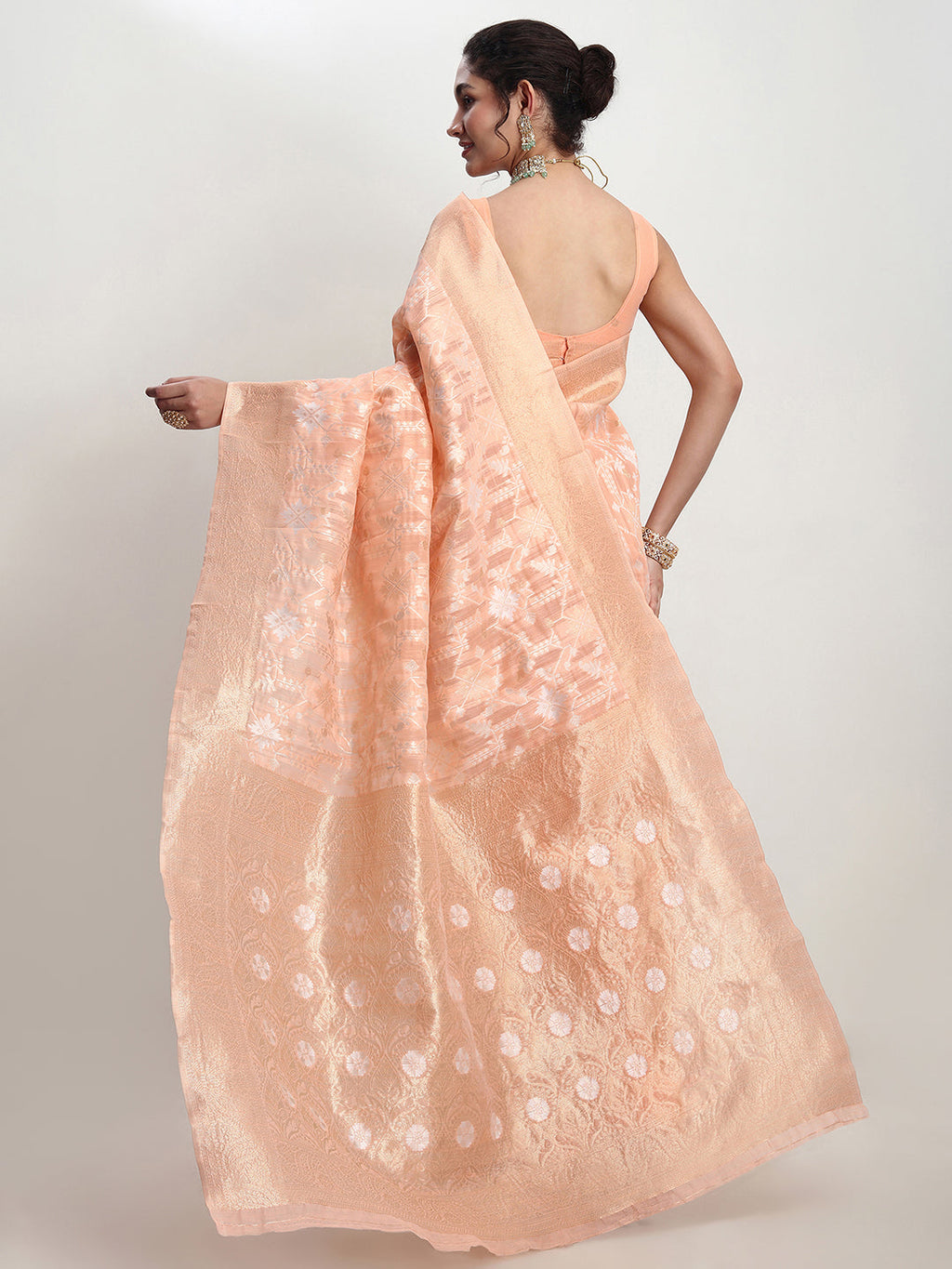 Janasya Orange Linen Blend Geometric Jacquard Saree | Grocsy