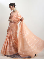 Janasya Orange Linen Blend Geometric Jacquard Saree | Grocsy