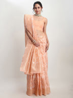 Janasya Orange Linen Blend Geometric Jacquard Saree | Grocsy