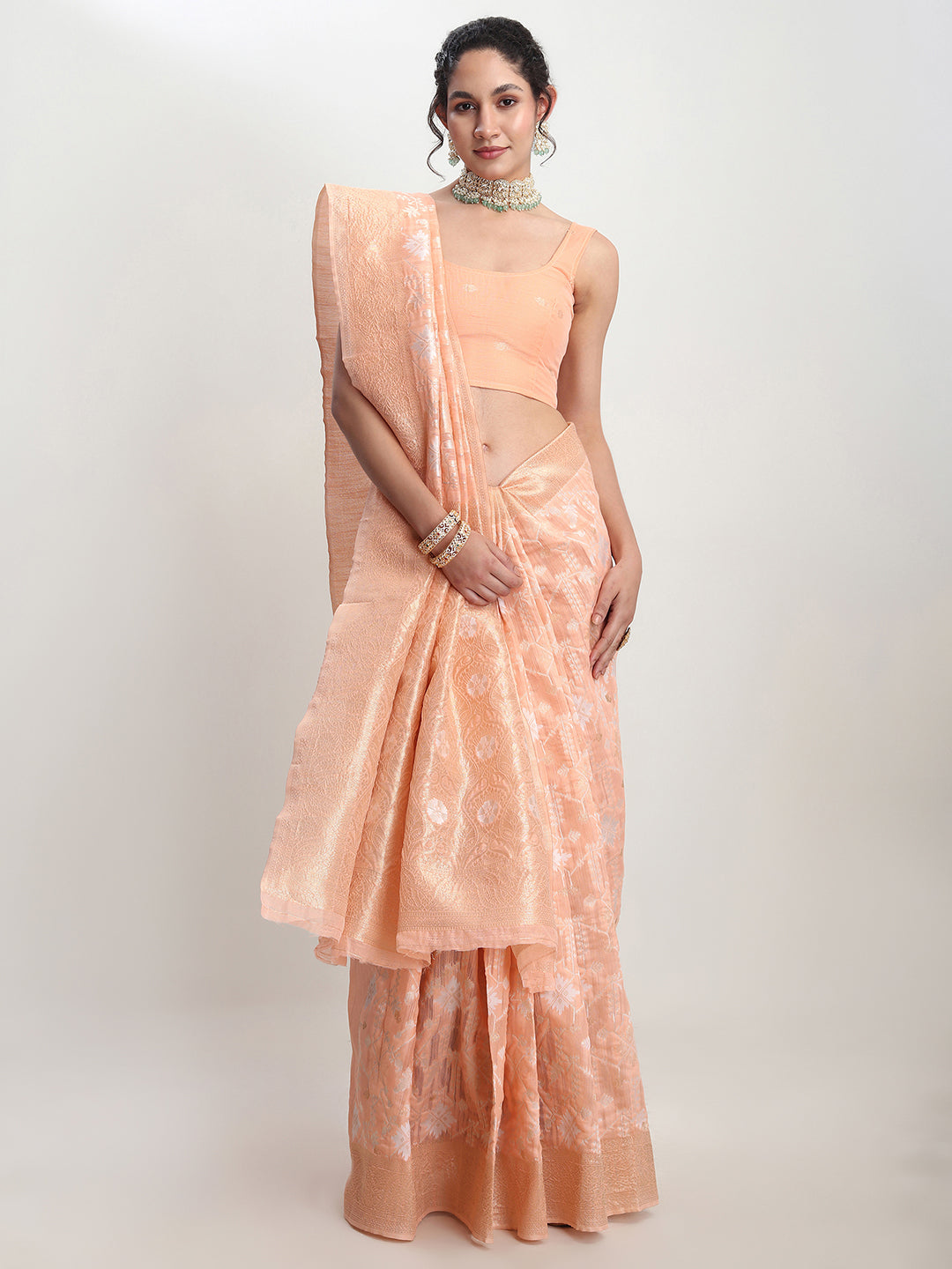 Janasya Orange Linen Blend Geometric Jacquard Saree | Grocsy