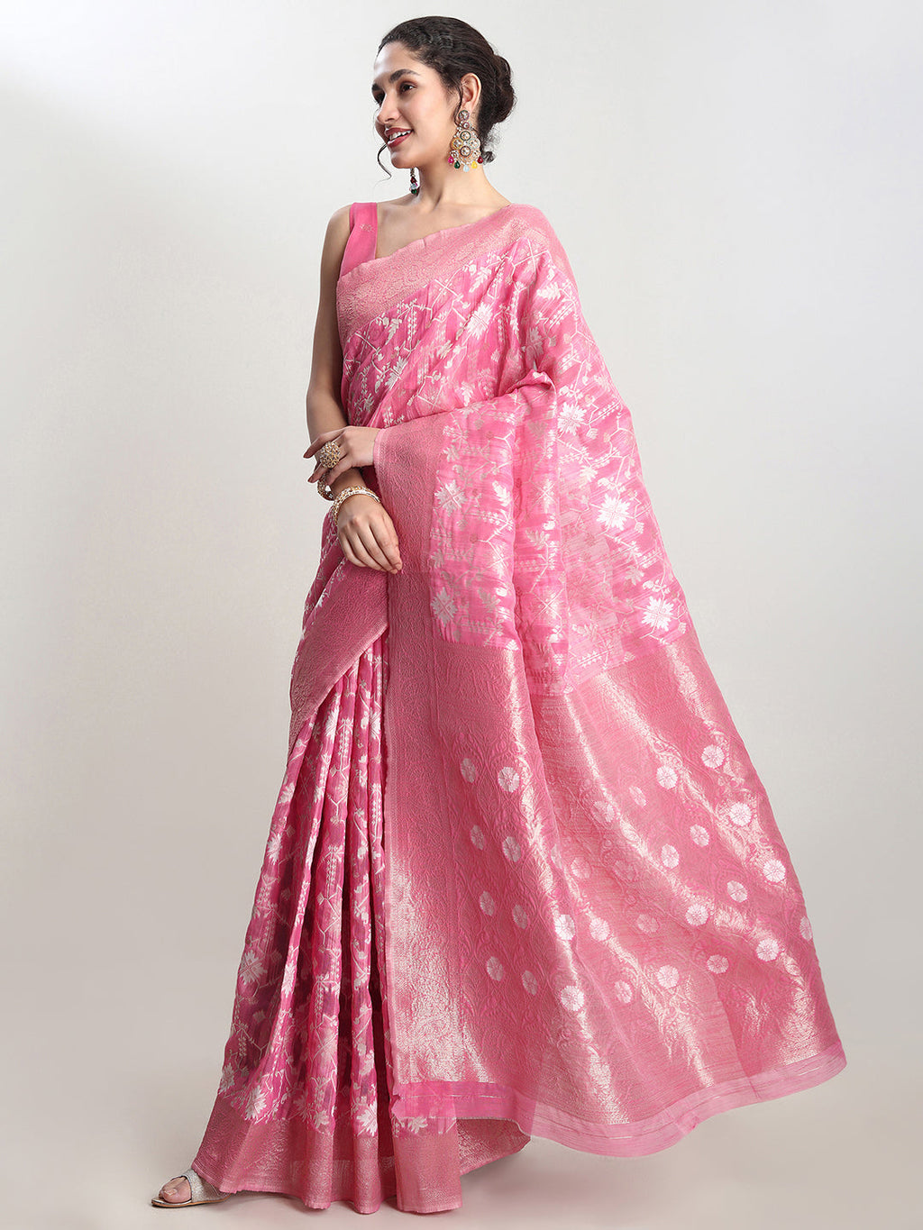 Janasya Pink Linen Blend Geometric Jacquard Saree | Grocsy