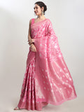 Janasya Pink Linen Blend Geometric Jacquard Saree | Grocsy