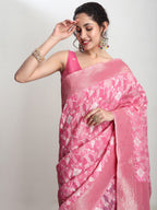 Janasya Pink Linen Blend Geometric Jacquard Saree | Grocsy