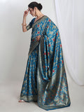 Janasya Blue Silk Blend Floral Jacquard Saree | Grocsy