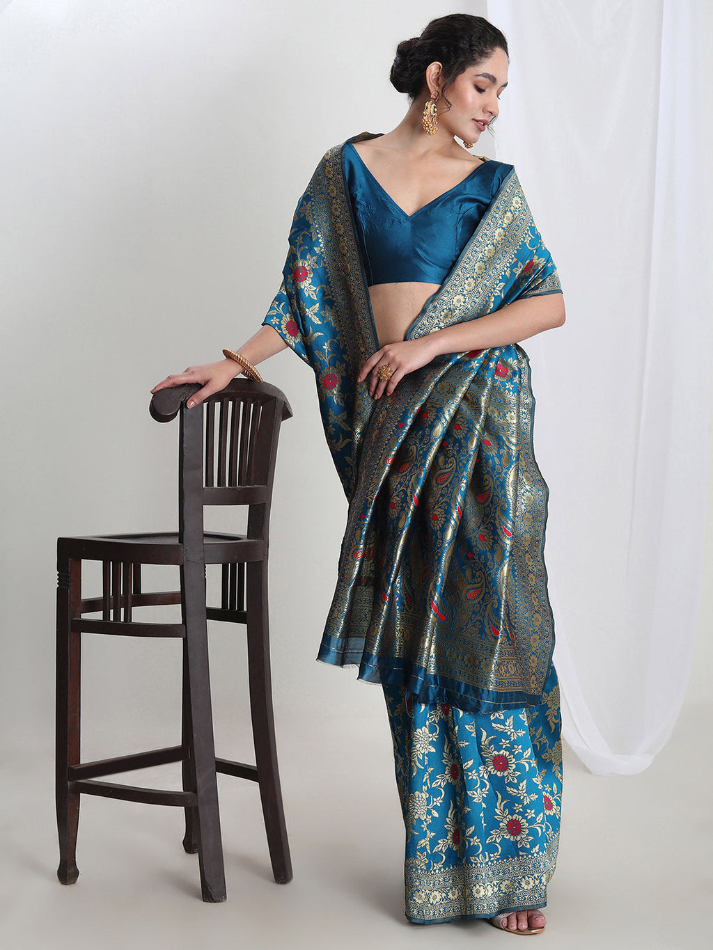 Janasya Blue Silk Blend Floral Jacquard Saree | Grocsy