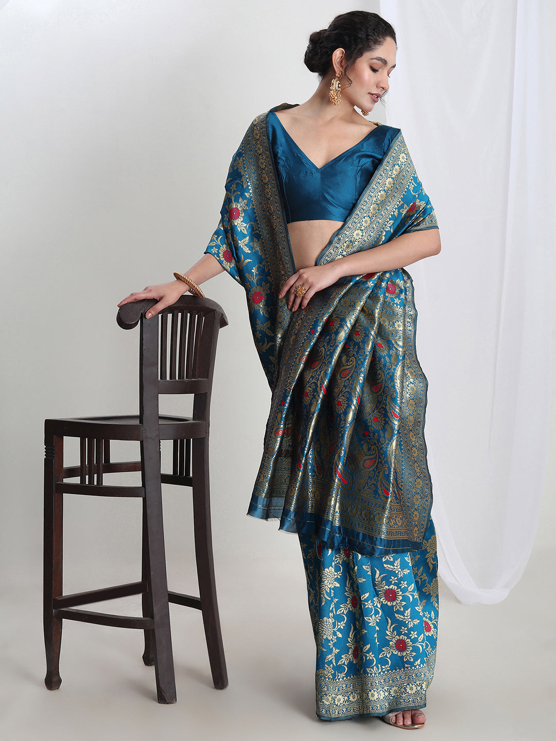 Janasya Blue Silk Blend Floral Jacquard Saree | Grocsy