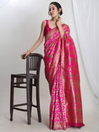 Janasya Pink Silk Blend Floral Jacquard Saree | Grocsy